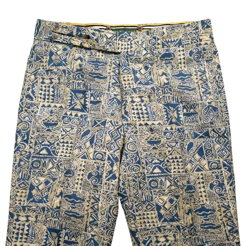 Mens Gurkha Pants 38 Blue Beige Block Print Chino Trousers Flat Front Straight